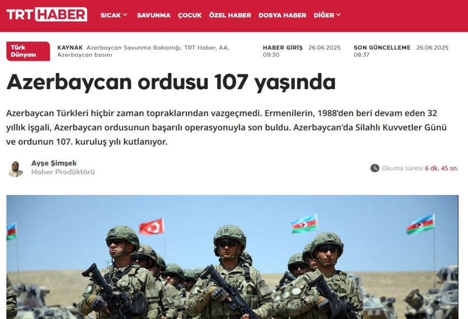 “TRT Haber” Azərbaycan Ordusuna həsr olunan reportaj yayımlayıb