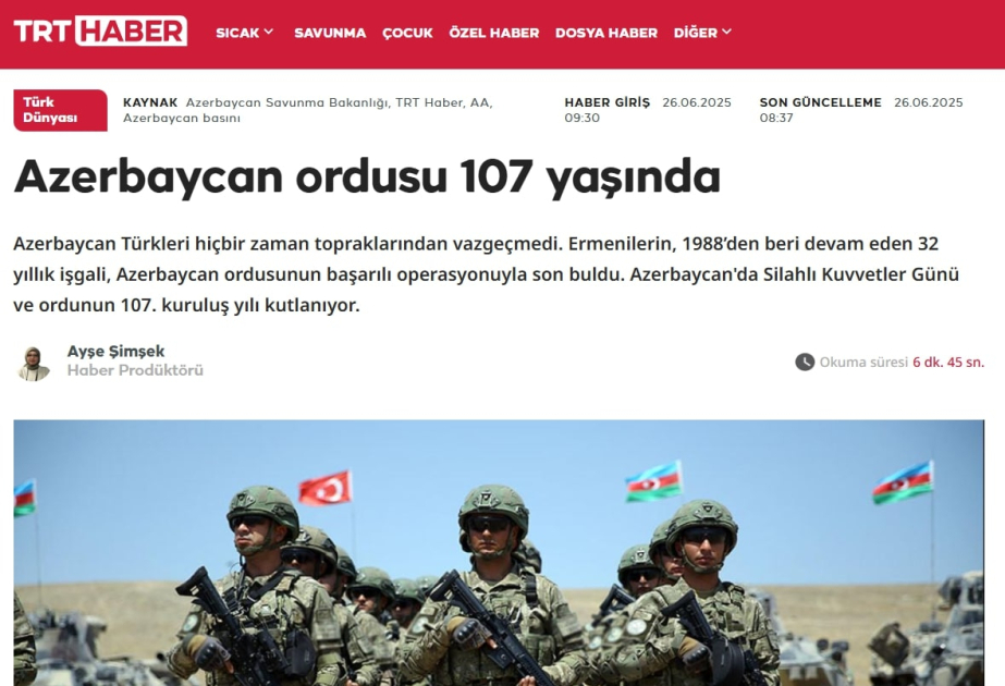 “TRT Haber” broadcasts report dedicated to Azerbaijan Armed Forces