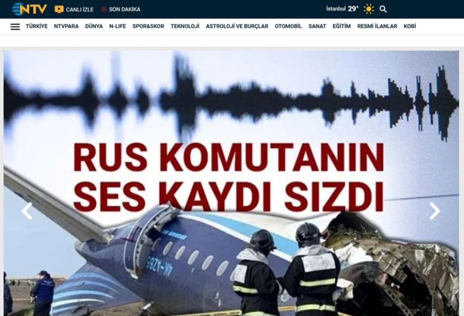 Телеканал NTV рассказал аудитории Турции о расследовании крушения самолета AZAL под Актау