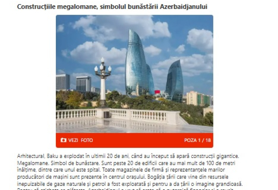 Romanian publication: Azerbaijan – attractive architecture and a safe urban environment