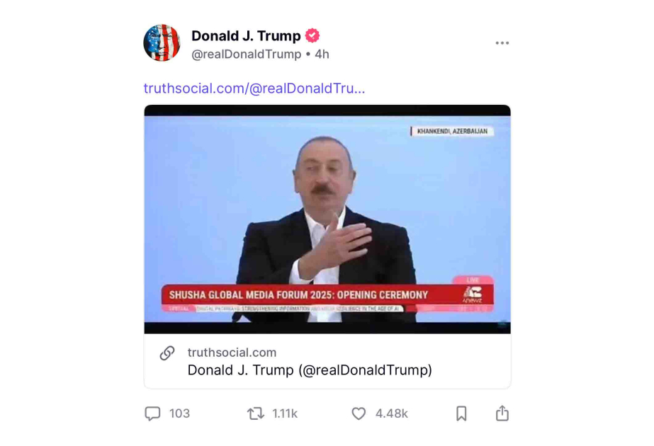 Дональд Трамп поделился в соцсети фрагментом выступления Президента Ильхама Алиева в Ханкенди