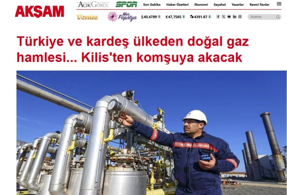 Газета Akşam: Поставки азербайджанского газа в Сирию начнутся с 1 августа через турецкий Килис