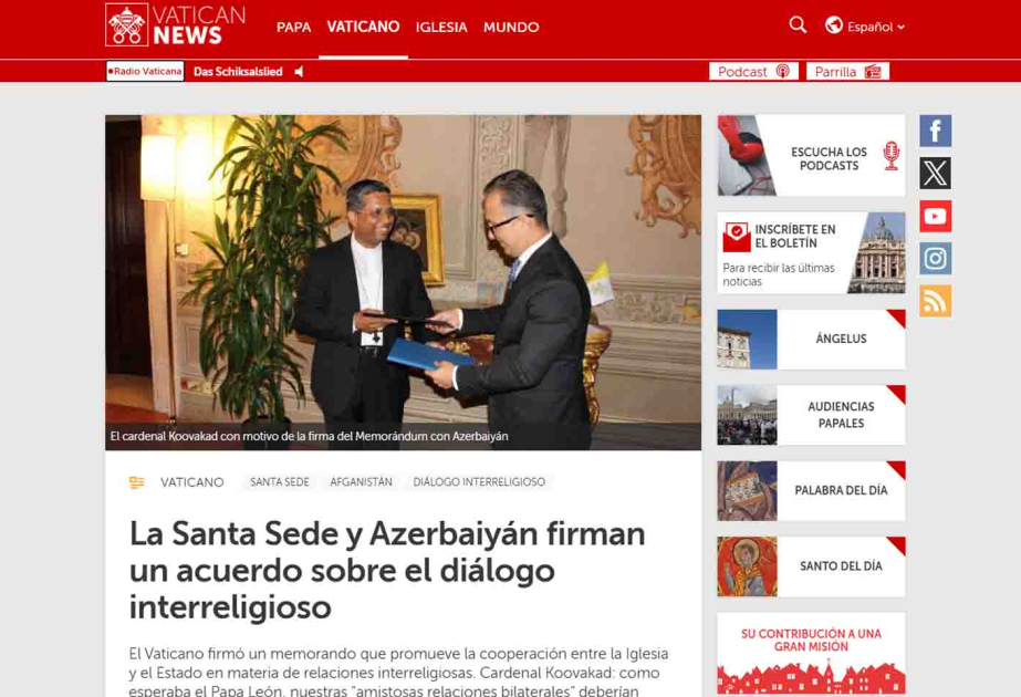 Vatican News:La Santa Sede y Azerbaiyán firman un acuerdo sobre el diálogo interreligioso