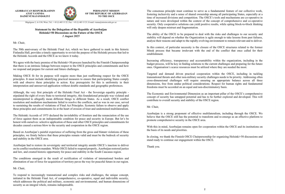 Permanent Representative to OSCE: Azerbaijan created historic opportunity for peace and stability in the South Caucasus region