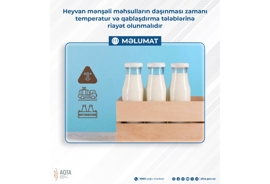 Agentlik: Heyvan mənşəli məhsulların daşınması zamanı temperatur və qablaşdırma tələblərinə riayət olunmalıdır