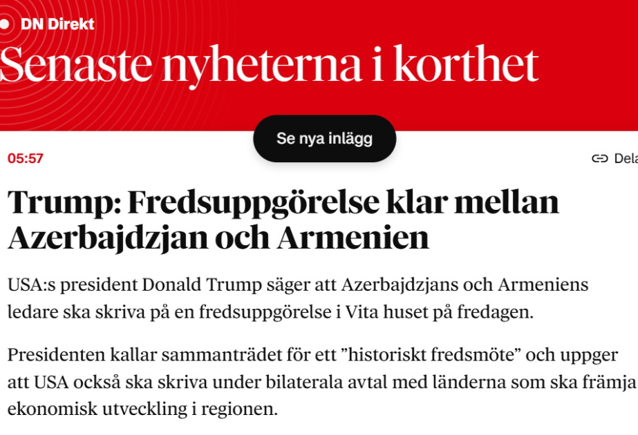 Upcoming meeting between Azerbaijani, Armenian leaders and U.S. President in Swedish media spotlight
