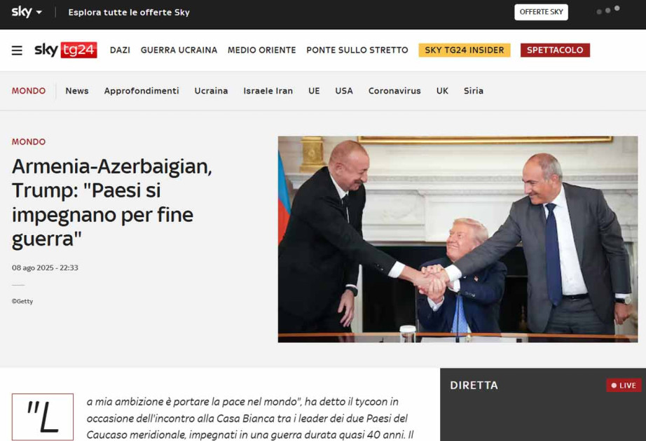 İtaliya mediası Azərbaycan Prezidentinin və Ermənistanın Baş nazirinin Vaşinqton görüşündən yazır