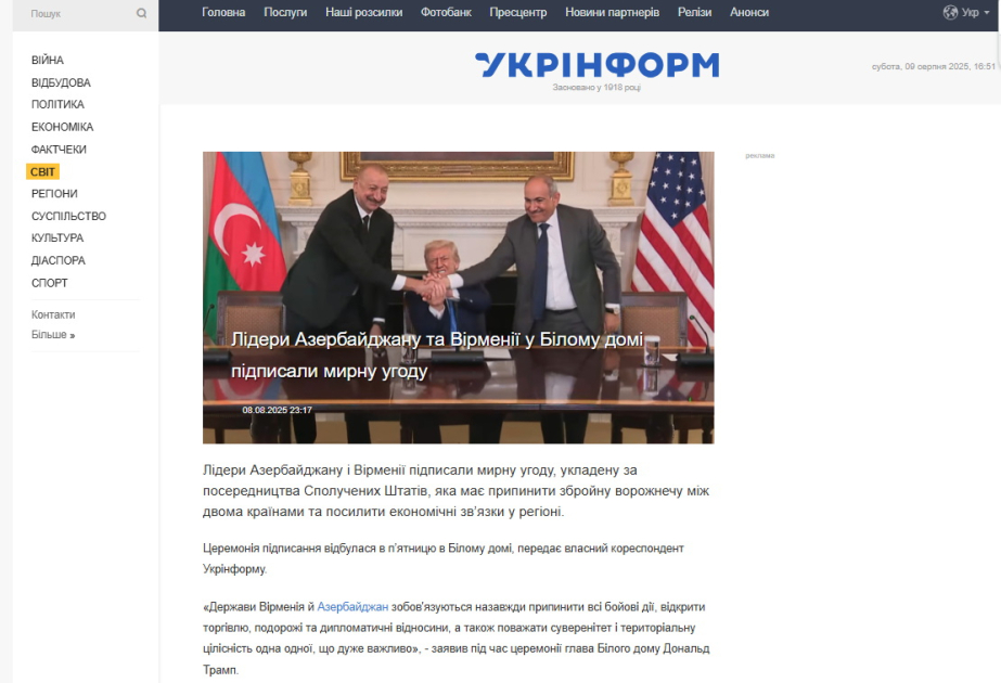 Ukrayna mediası Azərbaycan və Ermənistan arasında sülh sazişini tarixi hadisə adlandırıb