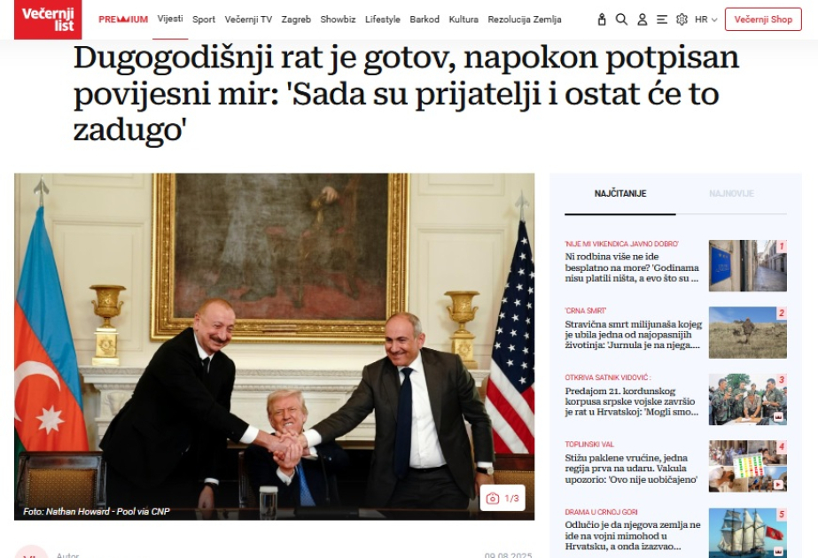 Xorvatiya mediası: “Vaşinqtonda tarixi sülh – yeni mərhələnin başlanğıcı”