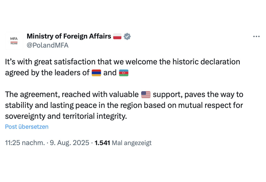 Poland’s Foreign Ministry: It’s with great satisfaction that we welcome the historic declaration agreed by the leaders of Azerbaijan and Armenia