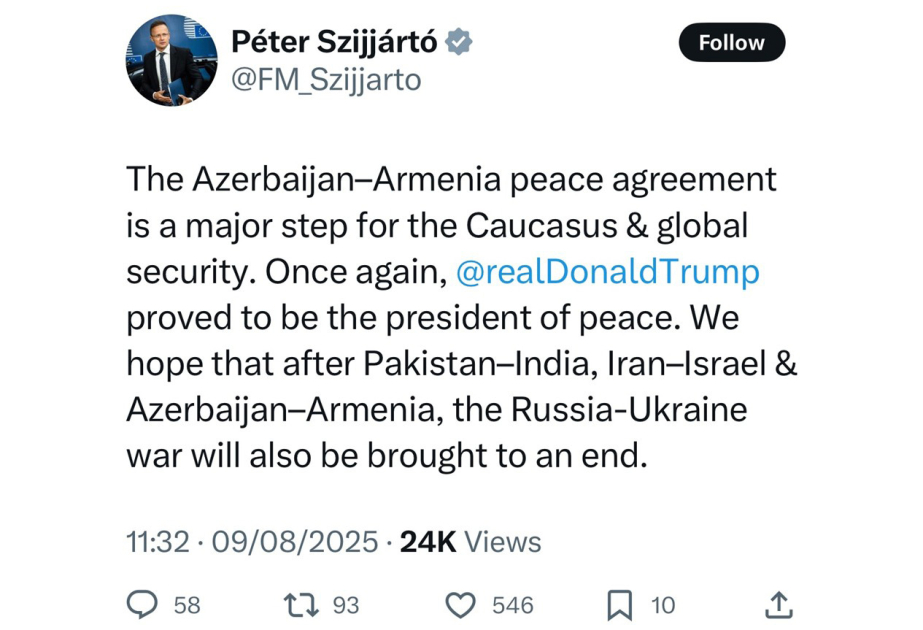 FM Szijjártó: Azerbaijan–Armenia peace agreement a major step for the Caucasus and global security