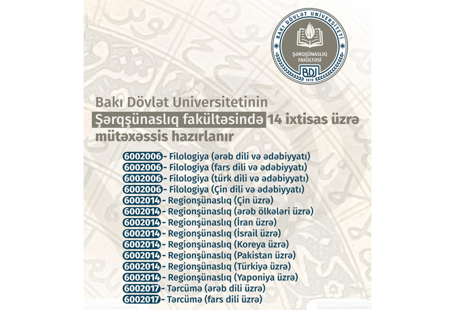 BDU-nun Şərqşünaslıq fakültəsində 14 ixtisas üzrə mütəxəssis hazırlanır