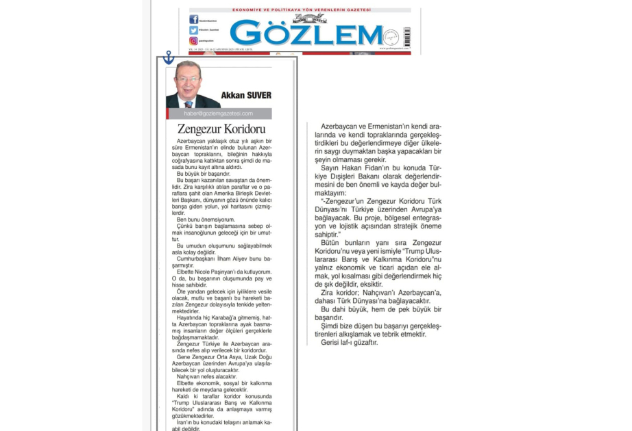Akkan Suver: Zangezur corridor will serve as a lifeline between Türkiye and Azerbaijan