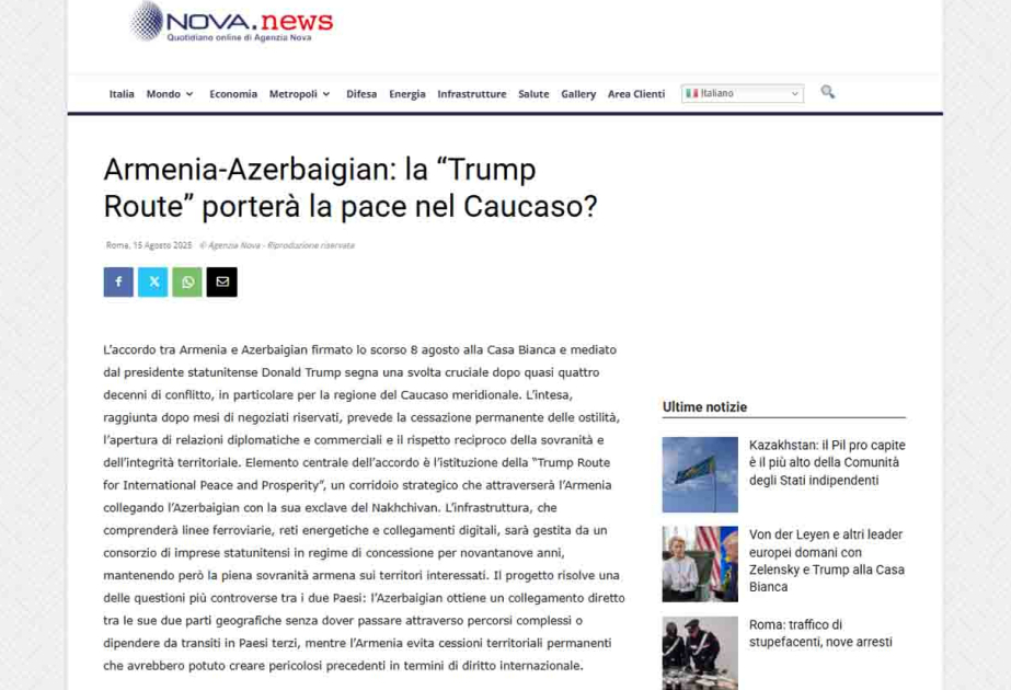 Italian portal highlights importance of historic Azerbaijan-Armenia peace agreement