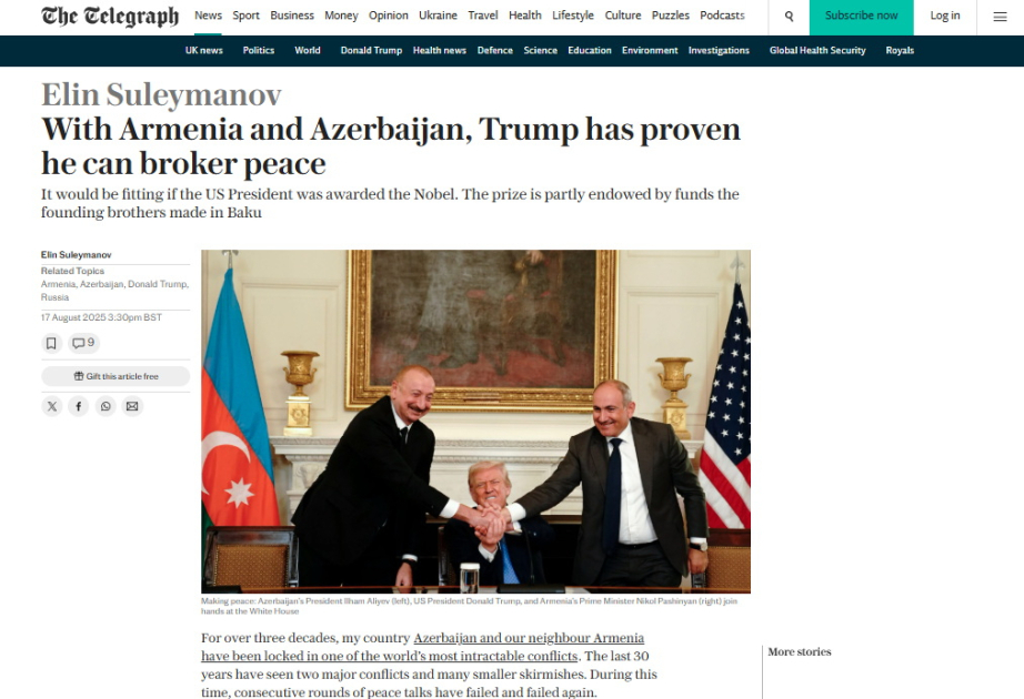 Британская The Telegraph о стратегии Президента Ильхама Алиева по установлению мира и нормализации отношений в регионе