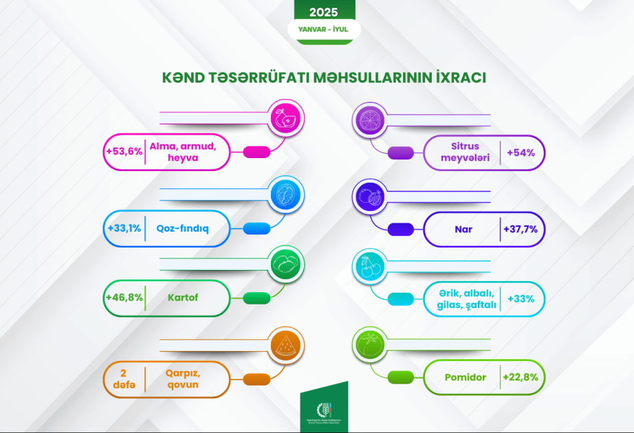 Xarici bazarlara meyvə, tərəvəz və bostan məhsullarının ixracında ciddi artım qeydə alınıb
