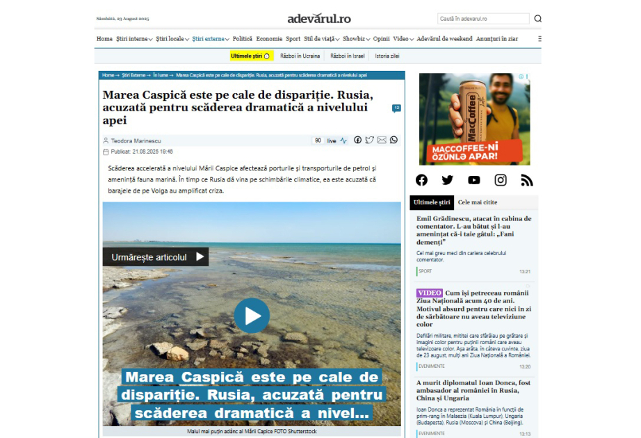 Rumänische Zeitung "Adevărul": Wasserstand des Kaspischen Meeres sinkt drastisch