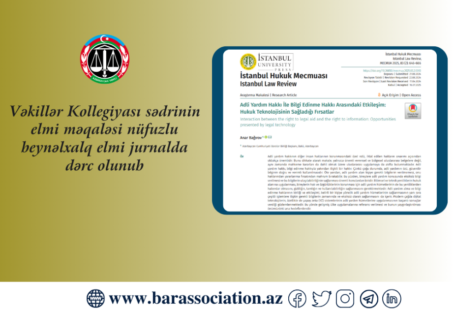 Vəkillər Kollegiyası sədrinin elmi məqaləsi nüfuzlu beynəlxalq jurnalda dərc edilib