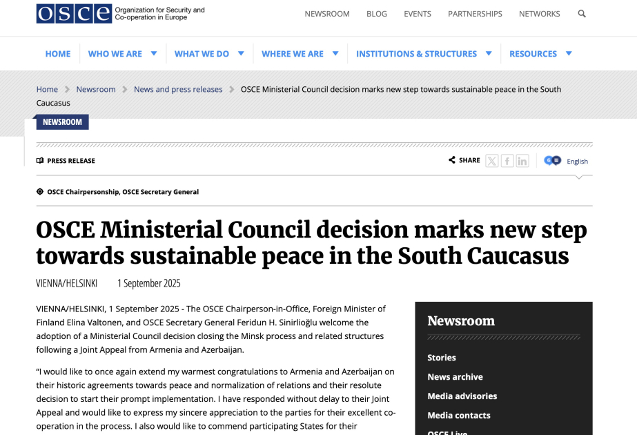 OSCE Ministerial Council decision marks new step towards sustainable peace in the South Caucasus