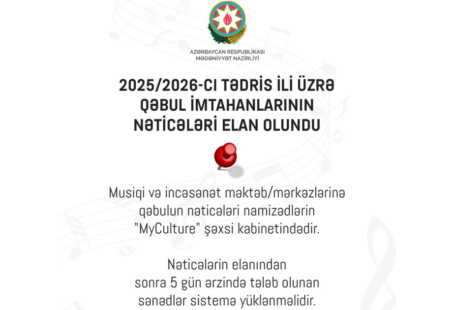 Musiqi, incəsənət məktəb və mərkəzlərinə 2025/2026-cı tədris ili üzrə qəbul imtahanlarının nəticələri açıqlanıb