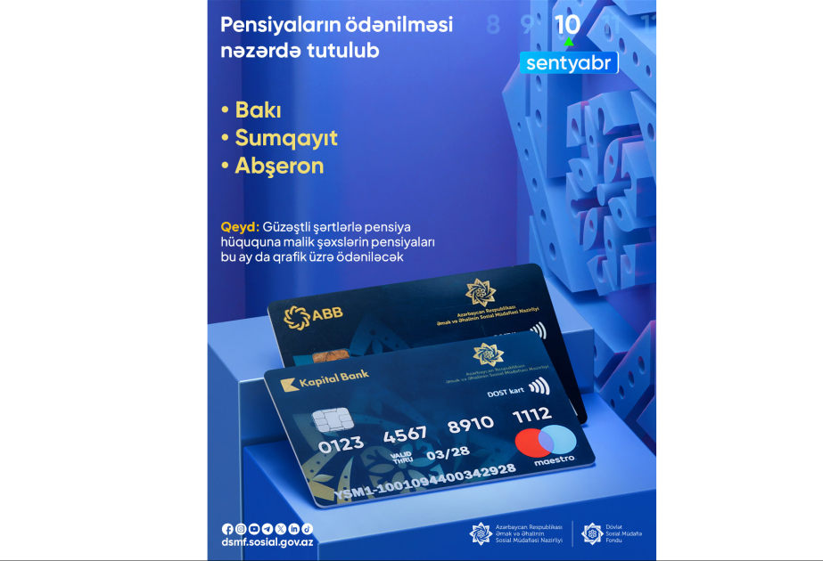 Sabah Bakı, Sumqayıt və Abşeron üzrə pensiyalar ödəniləcək