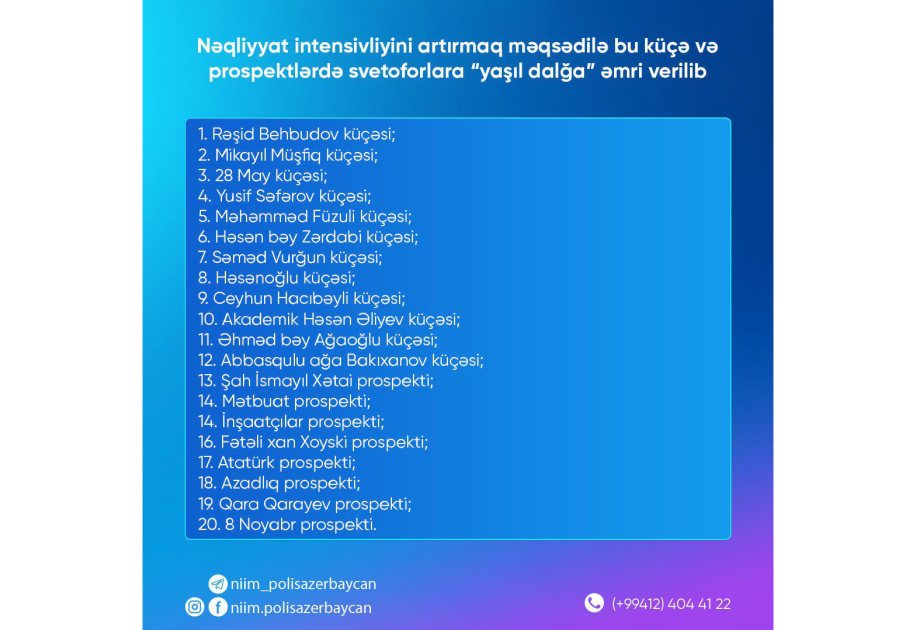 Paytaxtın 8 prospekt və 12 küçəsində svetoforlara “yaşıl dalğa” rejimi tətbiq edilir