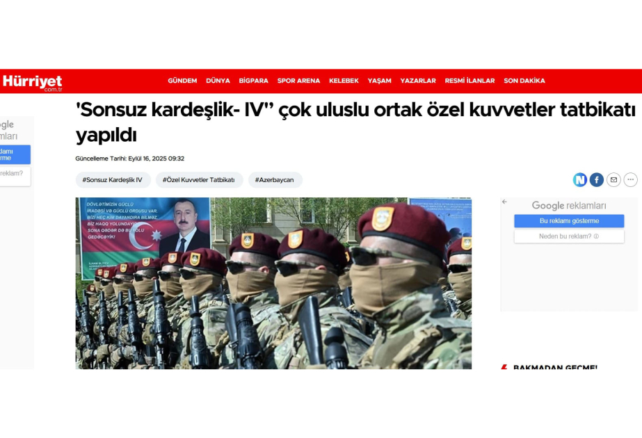 Газета Hürriyet: Учения «Вечное братство - IV» в Баку - вклад в поддержание мира в регионе