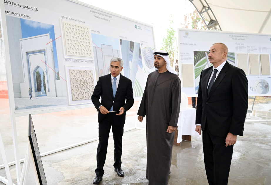 Präsident Ilham Aliyev und Scheich Mohamed bin Zayed Al Nahyan besichtigen Baufortschritt Neuer Schuscha-Moschee VIDEO