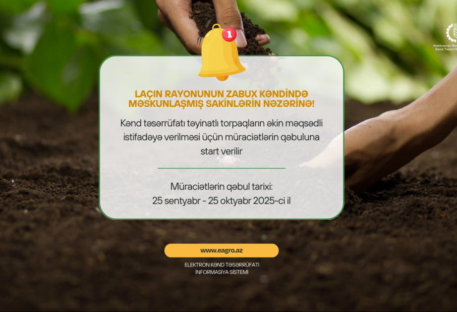 Laçın rayonu Zabux kəndində torpaqların əkin məqsədli istifadəyə verilməsi üçün müraciətlərin qəbuluna başlanır