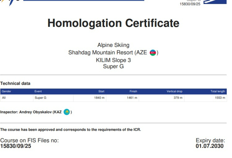 Shahdag Mountain Resort’s “Kilim” slope approved for international Alpine skiing competitions