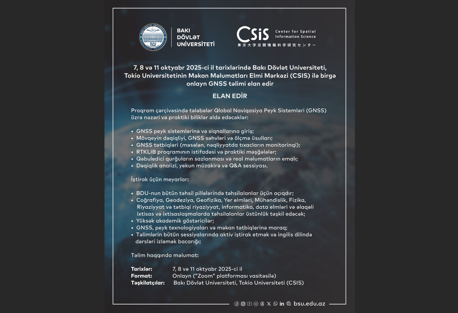 BDU tələbələrinin nəzərinə: Onlayn GNSS təlimi