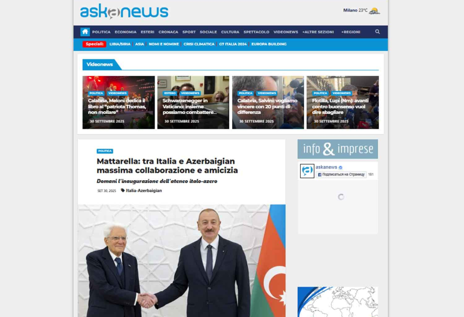 İtaliya mediası Prezident Sercio Mattarellanın Azərbaycana rəsmi səfərindən yazır