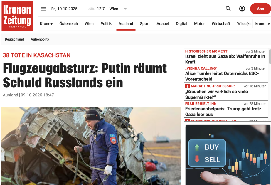Austrian media: Russia takes responsibility for AZAL plane crash