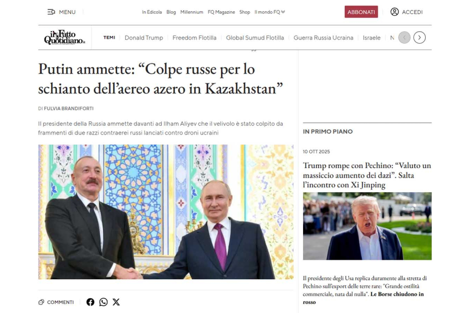 İtaliya mediası: Vladimir Putin Azərbaycan təyyarəsinin vurulduğunu etiraf edib