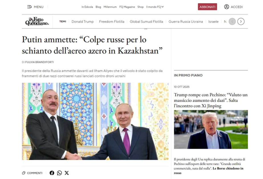Italian media: Vladimir Putin admits downing of Azerbaijani plane