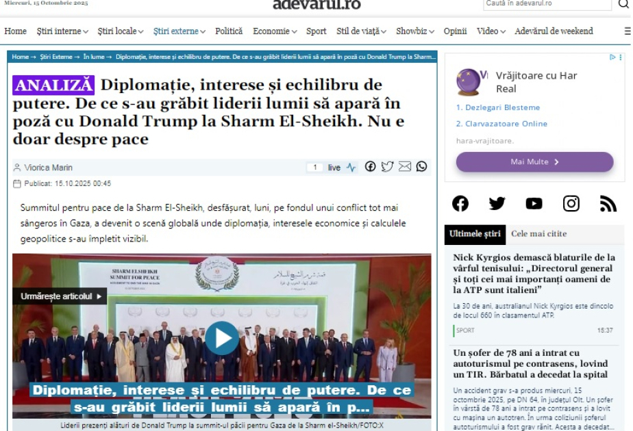 Rumıniya mediası: Şarm əl-Şeyxdə diplomatiya, maraqlar və güc balansı bir araya gəldi