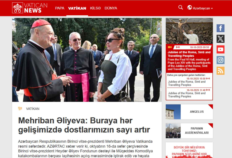 Портал Vatican News опубликовал основанную на материалах АЗЕРТАДЖ статью о визите Первого вице-президента Мехрибан Алиевой в Ватикан
