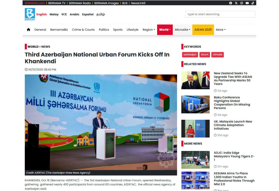 Malayziya mediası Azərbaycanda keçirilən milli şəhərsalma forumundan yazıb