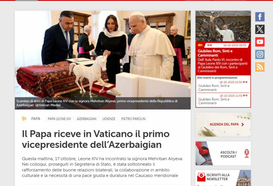 Vatikan və İtaliya mətbuatı Birinci vitse-prezident Mehriban Əliyevanın Roma Papası ilə görüşünü geniş işıqlandırıb