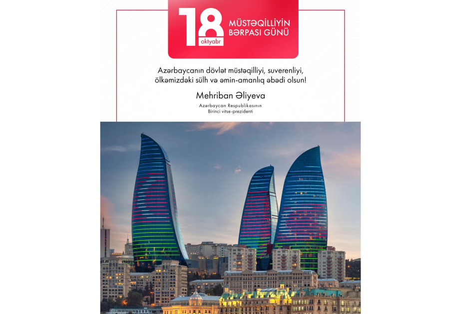 Birinci vitse-prezident Mehriban Əliyeva Müstəqilliyin Bərpası Günü ilə bağlı paylaşım edib