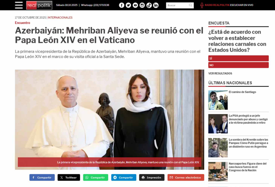 Besuch von Mehriban Aliyeva im Vatikan im Fokus internationaler Medien