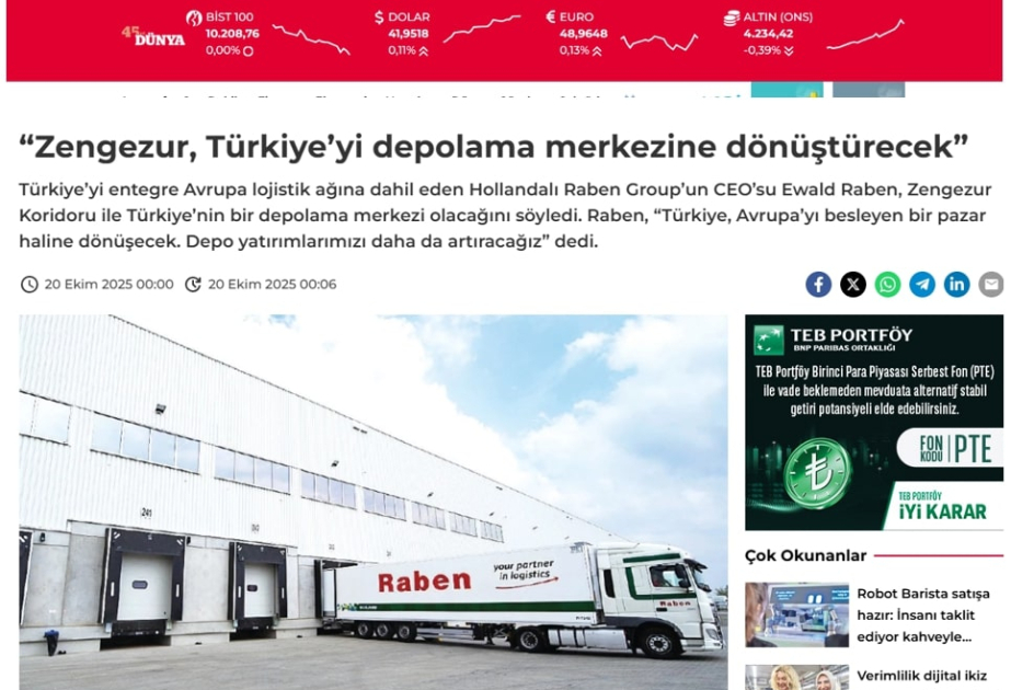 Газета Dünya: Зангезурский коридор превратит Турцию в центр логистики Европы