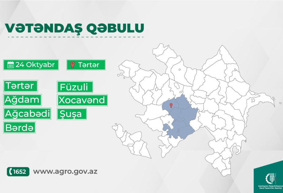 Kənd təsərrüfatı naziri Tərtərdə vətəndaşların müraciətlərini dinləyəcək