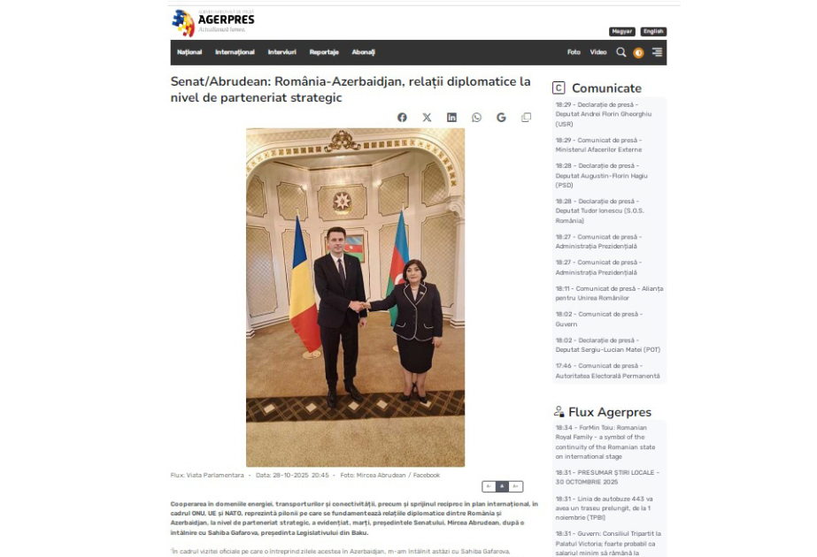 Mirça Abrudean: Azərbaycan Rumıniyanın strateji tərəfdaşı və etibarlı dostudur