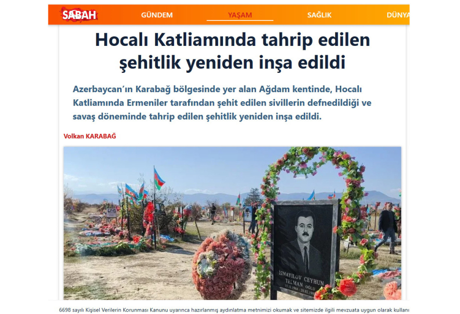 Sabah newspaper: Cemetery of Khojaly victims destroyed by Armenians restored by Azerbaijan