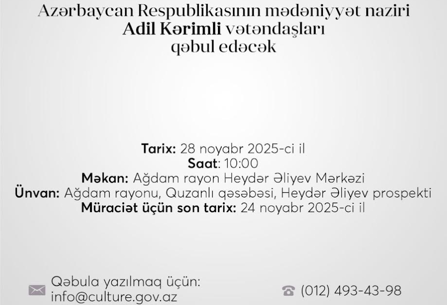 Mədəniyyət naziri Ağdamda vətəndaşların müraciətlərini dinləyəcək