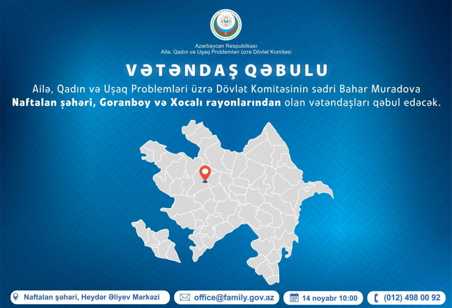 Dövlət Komitəsinin sədri Naftalanda vətəndaşların müraciətlərini dinləyəcək