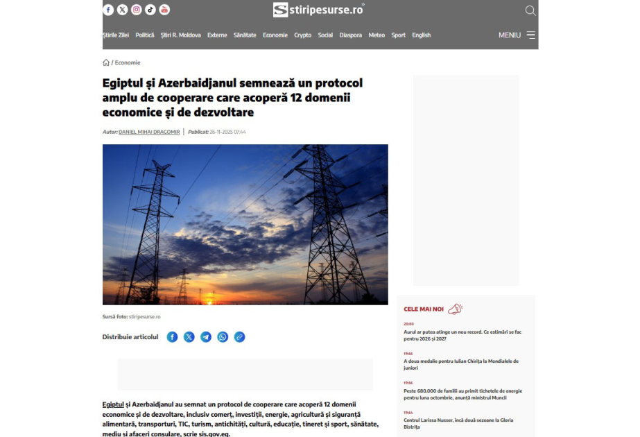 Romanian media outlet highlights Azerbaijan–Egypt relations