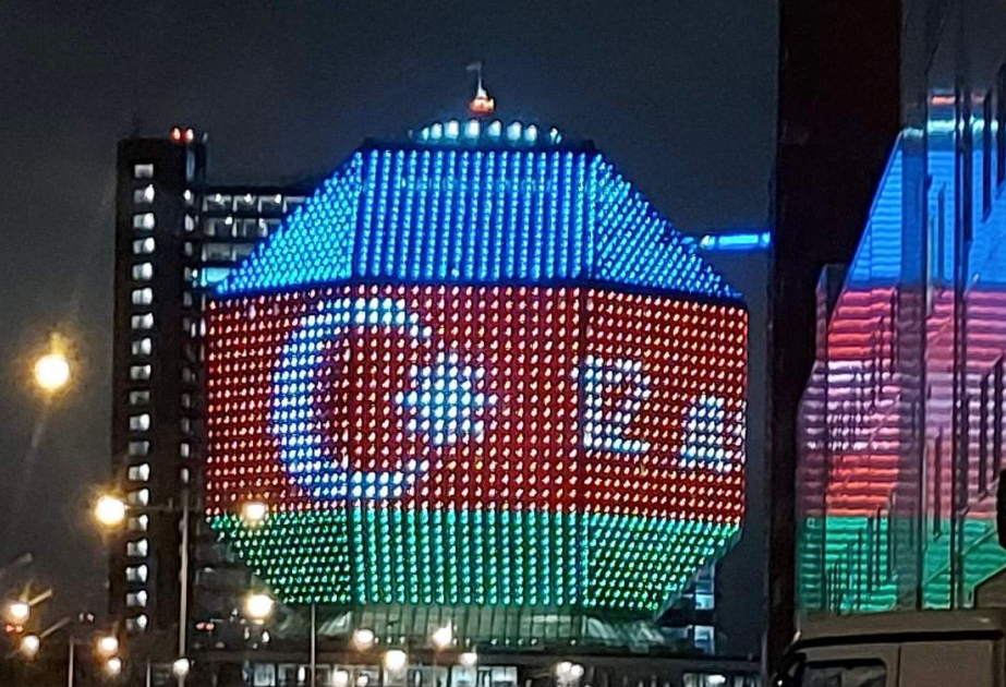 National Library of Belarus illuminated in colors of Azerbaijani flag commemorating National Leader Heydar Aliyev