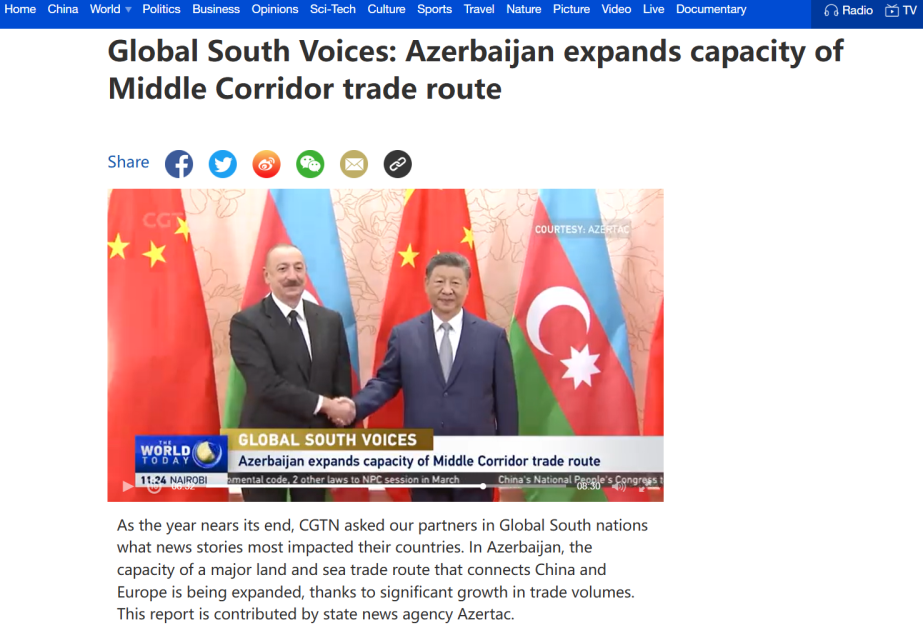 CGTN strahlt AZERTAC-Beitrag über den Mittleren Korridor aus